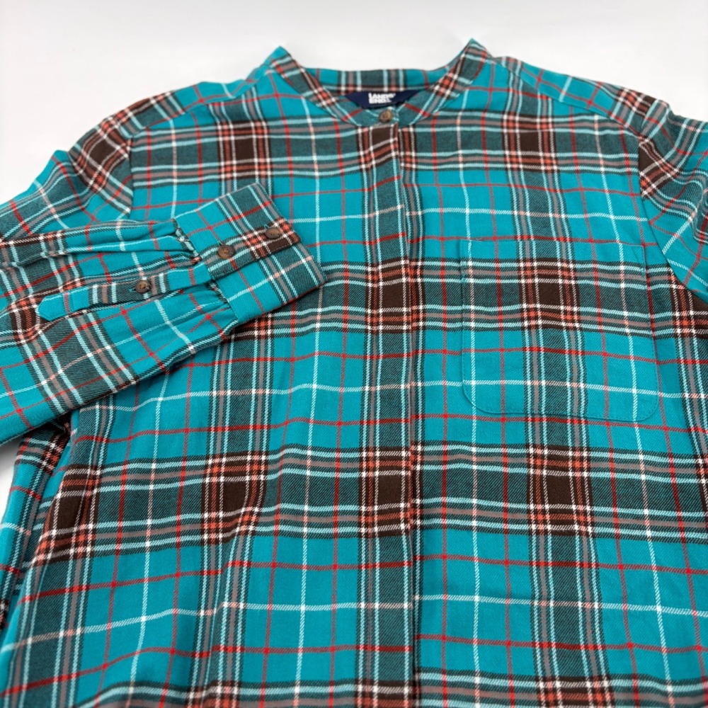 Lands End Teal Blue Plaid Flannel Tunic Mandarin Collar Shirt Pockets Size M